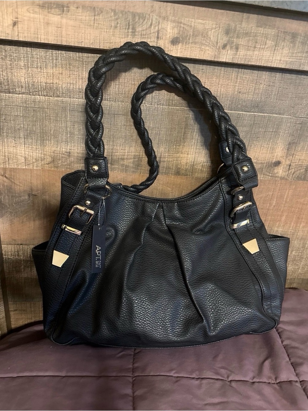 Apt. 9 Black Braided-Handle Shoulder Tote with Gold Accents